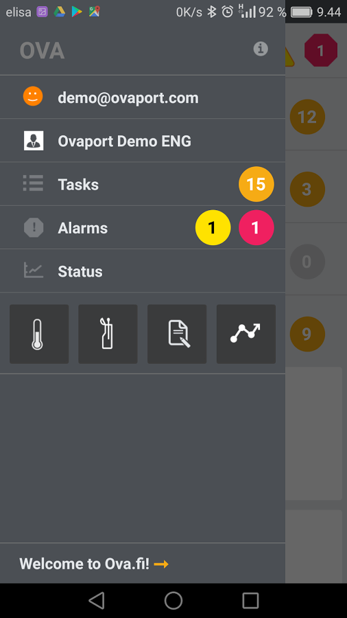 Az Ova androidos alkalmazás menüje - feladatok, riasztások, aktuális mérési értékek